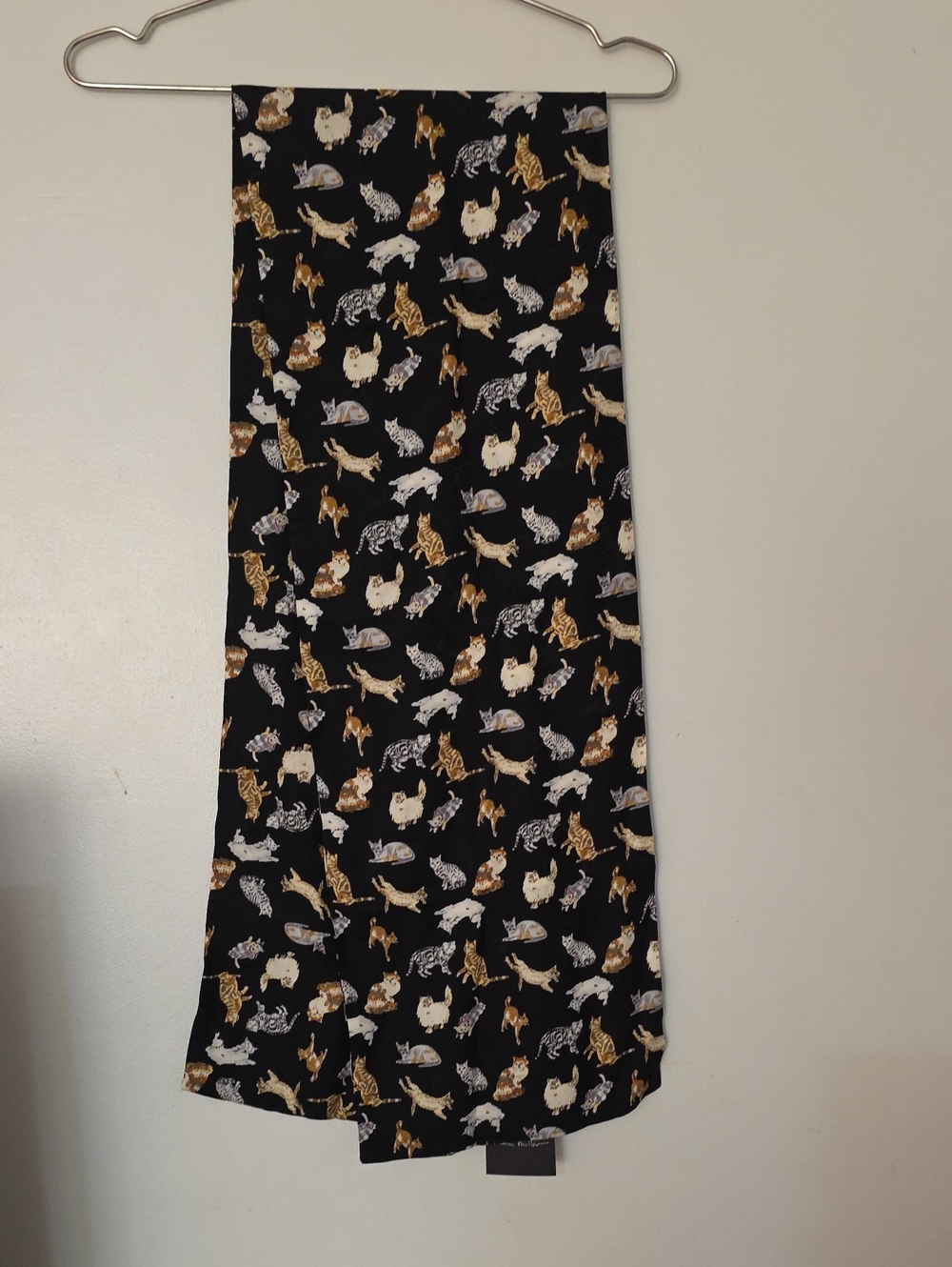 100% Silk Nicole Miller Black Scarf with Gold and Cream Cat Motif